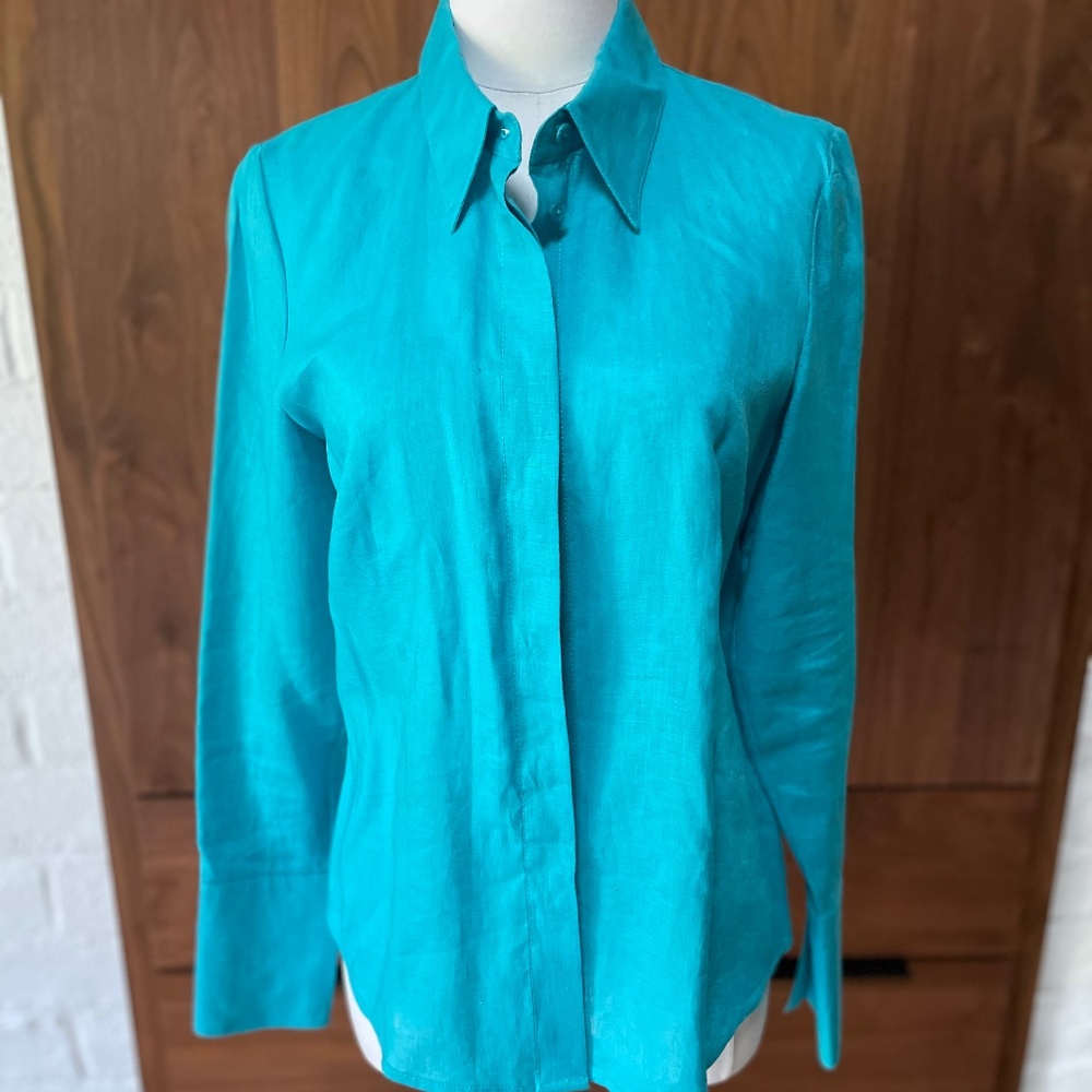 NWT - Ellen Tracy - Turquoise Blue - Linen Blouse Sz 8